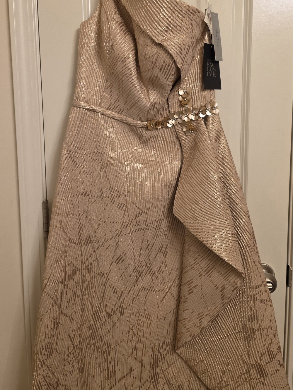 Teri Jon Metallic Champagne A-Line Skirt with Sequin Belt